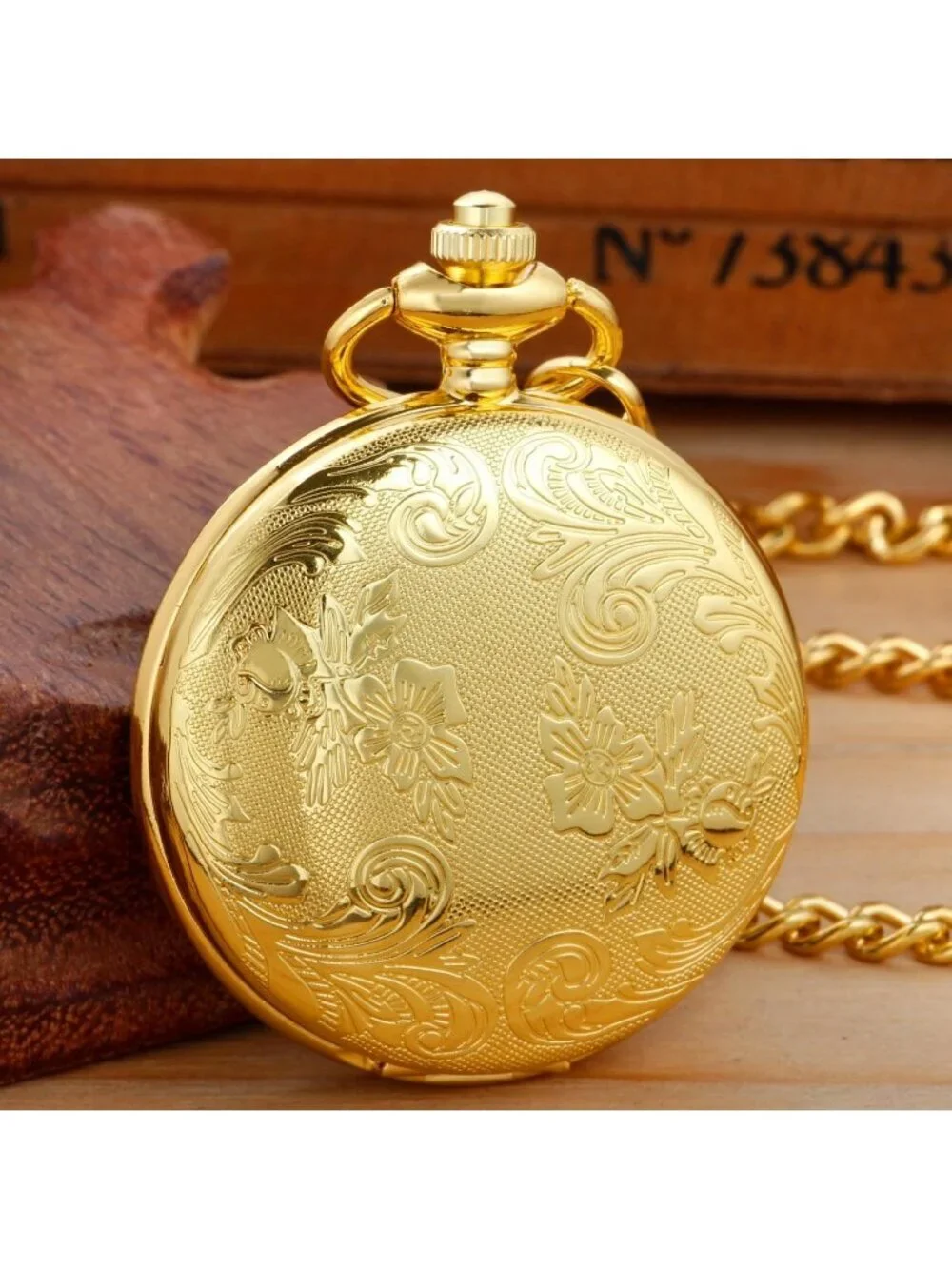 Men's All Gold Analog Quartz Flower Arabic Numerals Movement Chain Pocket Watch